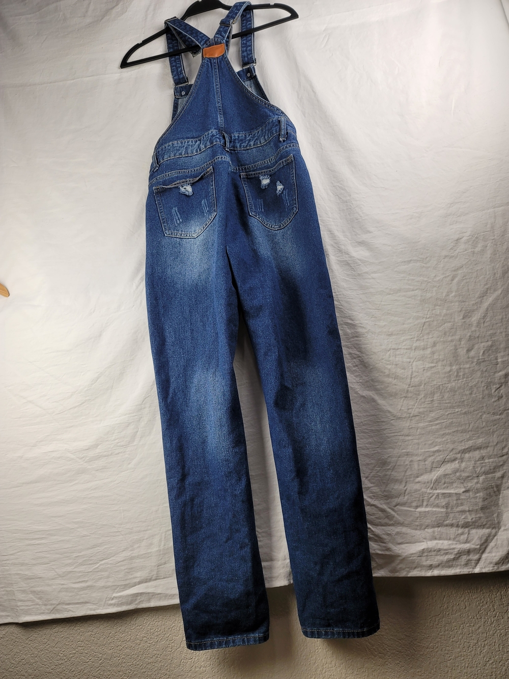 Dark Blue Distressed Women's Denim Overalls with Adjustable Straps - Picture 9 of 9